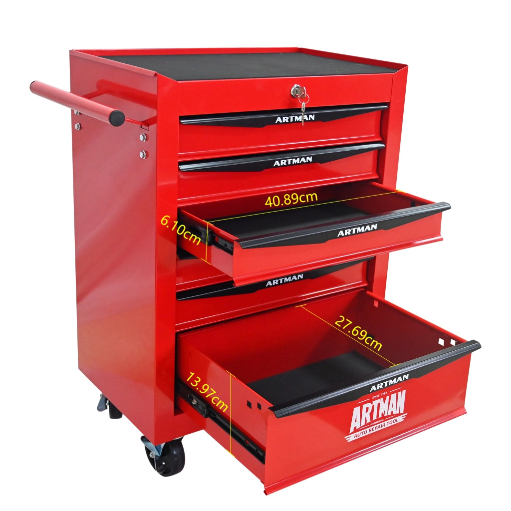 Mobile contenitore con 6 cassetti e ruote, chiudibile, in acciaio, per garage e officina, rosso e nero, 60 × 33 × 77,5 cm