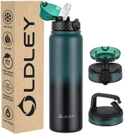 Fiasca RVS con manico di canna, 1L con 3 coperchi, grande termos di 1 litro, isolato, impermeabile, mantiene caldo e freddo per attività sportive, palestra, campeggio, bicicletta (verde scuro, nero, 3 coperchi)