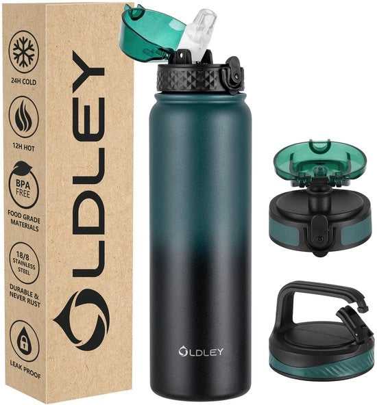 Fiasca RVS con manico di canna, 1L con 3 coperchi, grande termos di 1 litro, isolato, impermeabile, mantiene caldo e freddo per attività sportive, palestra, campeggio, bicicletta (verde scuro, nero, 3 coperchi)