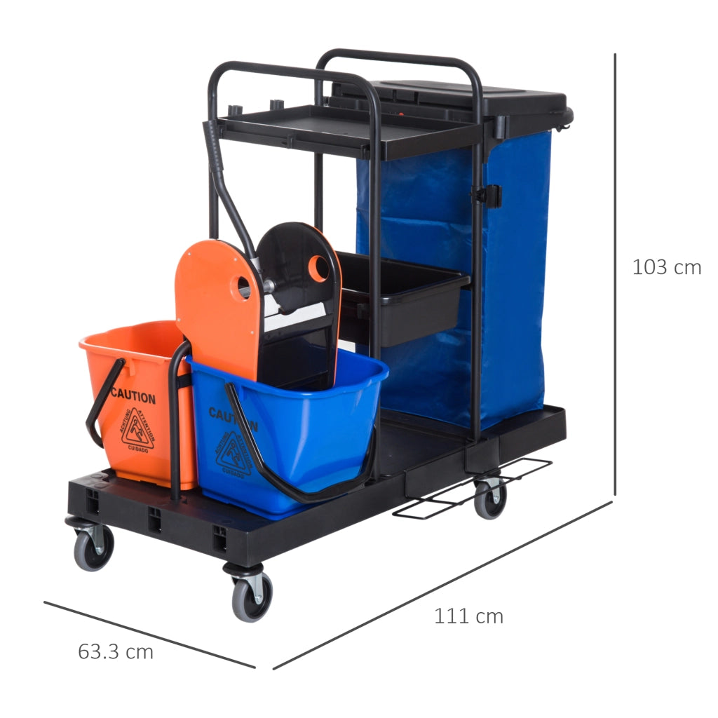Carrello per pulizie professionale in metallo con 4 ruote, doppio ripiano, strizzatore removibile, 111x63,3x103 cm, nero