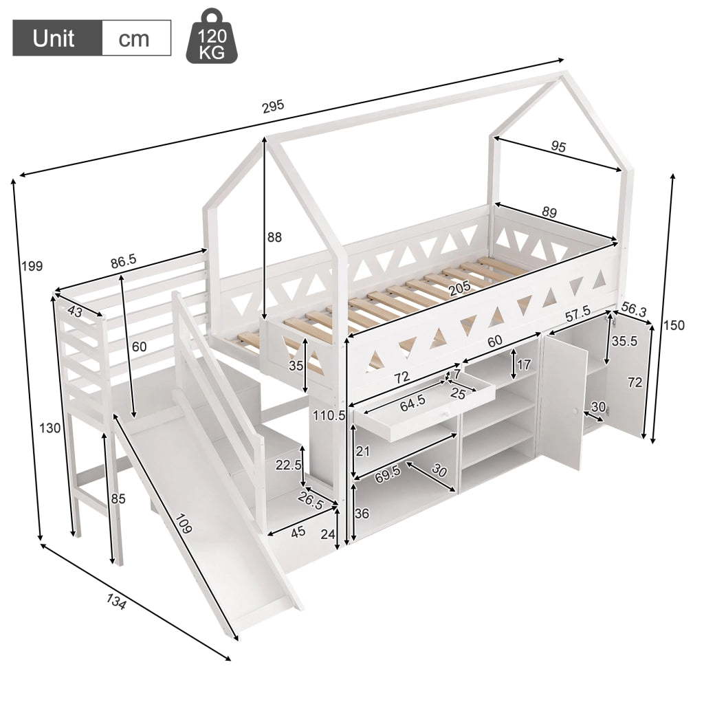 LETTO per bambini con scivolo e scale 90x200 cm Bianco in legno massello