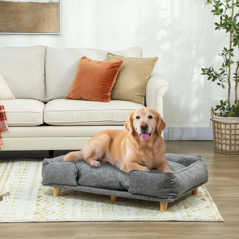 Letto per cani con cuscino sfoderabile e lavabile, gambe in legno rialzate, in poliestere, grigio scuro 96 × 66 × 24 cm