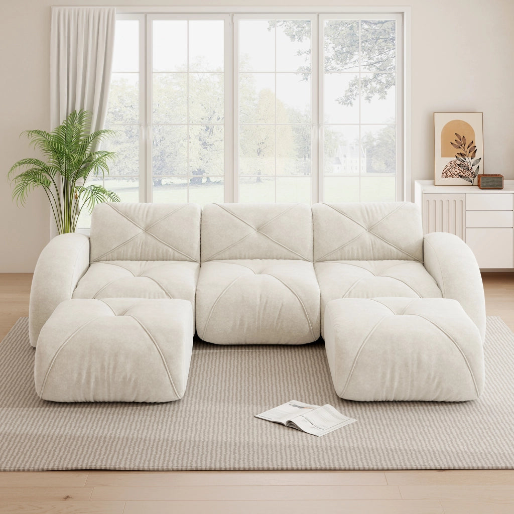 Divano panoramico a U modulare 3 posti senza telaio con 2 pouf in ciniglia beige chiaro 281 × 171 × 76 cm