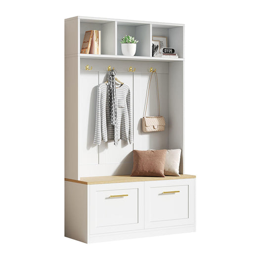 Vestiaire con panchina - Xylo - 105¡Á40¡Á180 cm - Naturale e bianco - 4 ganci e 2 porte