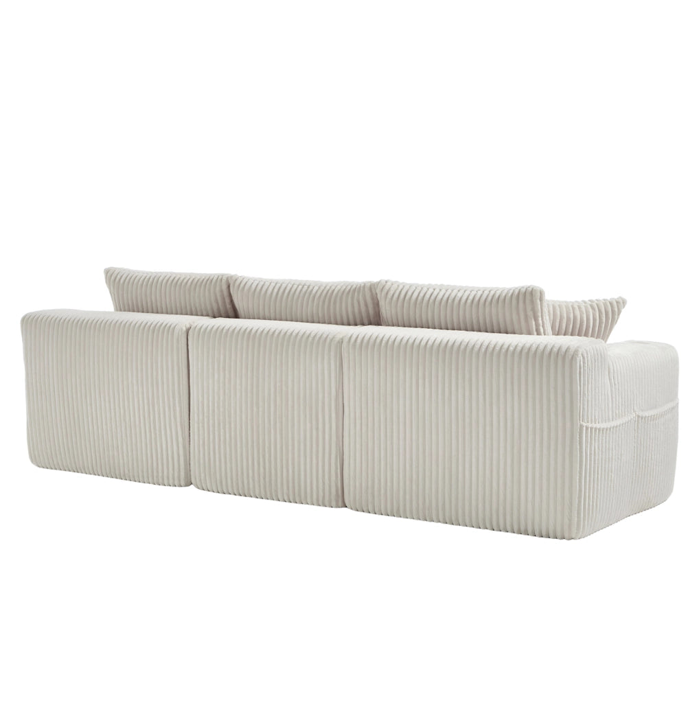 Divano modulare 257x160x62 cm con 5 cuscini; tasche laterali e portabicchieri in corduroy beige