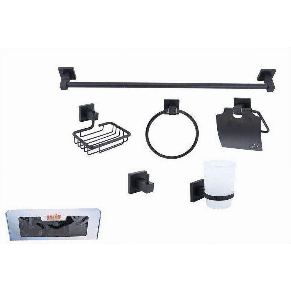 Trade Shop - Set Ultra Moderno Nero 6pz Bagno Porta Asciugamano Rotolo Bicchiere Spazzolini 87261 -