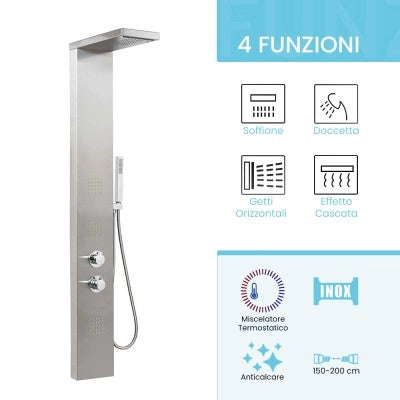 Colonna doccia termostatica in acciaio inox satinato con 4 funzioni