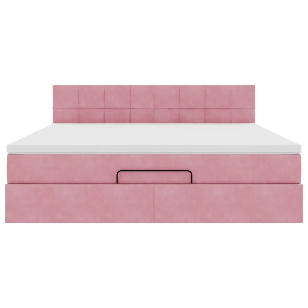 Struttura Letto Pouf con Materasso Rosa 160x200 cm in Velluto