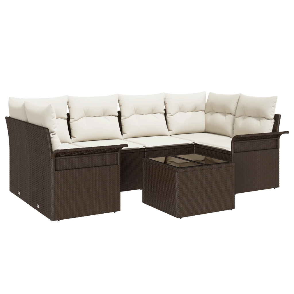 Set Divano da Giardino 7 Pezzi con Cuscini Marrone Polyrattan