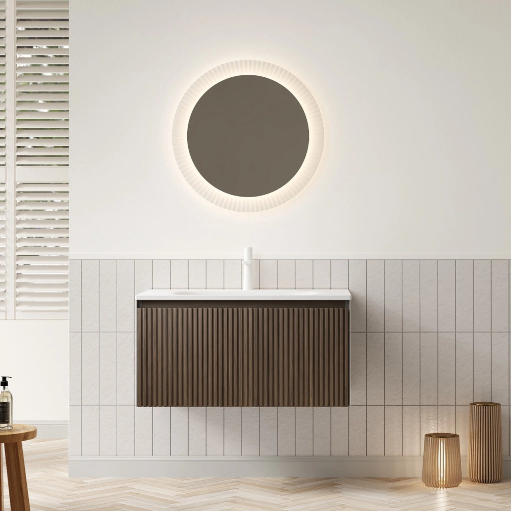 Mobile bagno sospeso con lavabo integrato e cassetto con chiusura ammortizzata per bagno; 80×46×41.8 cm; rovere marrone