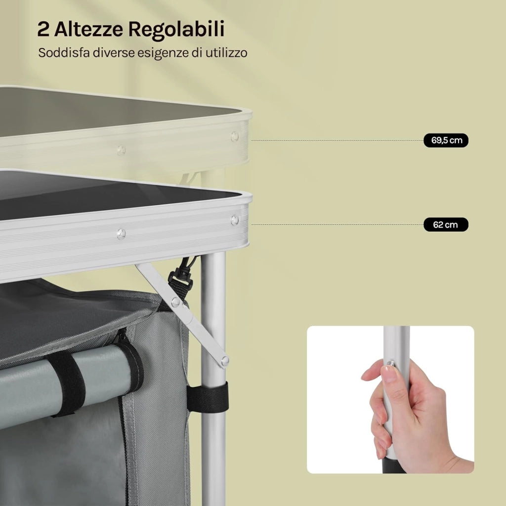 Tavolo da Picnic Pieghevole, Mobile Cucina da Campeggio, Esterno, in MDF e alluminio con 2 Scomparti Regolabili in Altezza, 120 x 47 x 62/69.5 cm