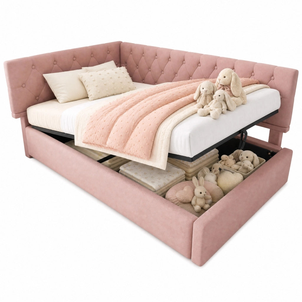 Letto imbottito 90x190 cm in velluto rosa con contenitore idraulico