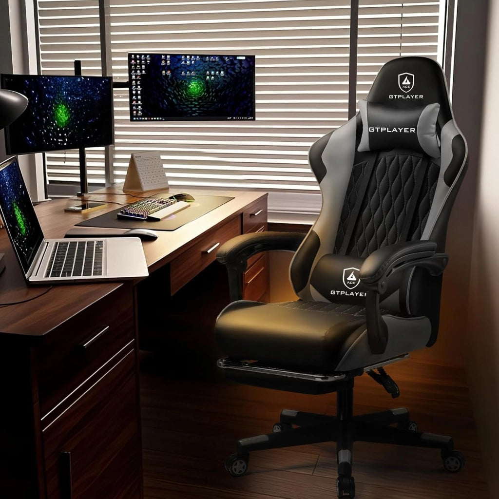 Sedia da gaming, sedia da gamer, sedia da ufficio ergonomica, con lombi e cuscini regolabili con poggiapiedi, sedia da gioco imbottita, portata 150 kg, colore grigio
