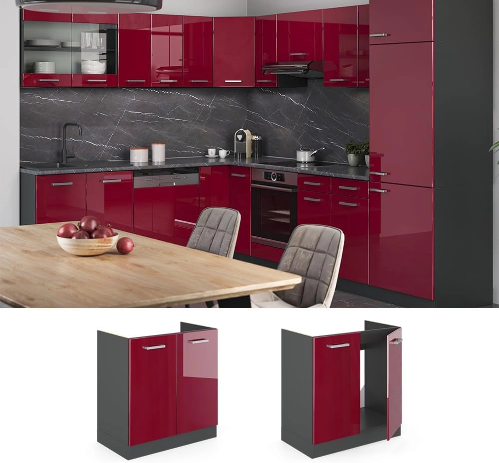 Mobile lavello cucina R-Line, Rosso lucido, 80 cm, PL Rovere, per la libera combinazione all'interno di sistemi cucina modulari