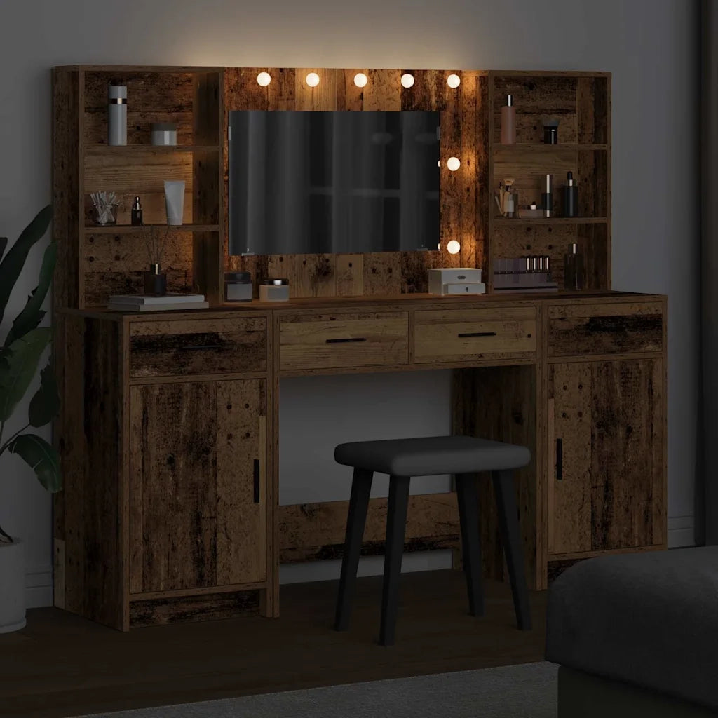 Set da Toeletta | Tavolo da Trucco con LED con porta 3 pz Legno vecchio