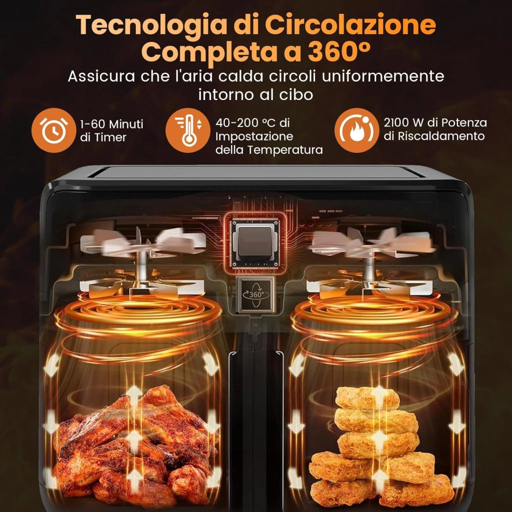 8L Friggitrice ad Aria, 2100W 10 in 1 Friggitrice a Doppio Cestello con Aria Calda a 360°, Timer, Touchscreen Digitale, 40-200℃, Lavabile in Lavastoviglie