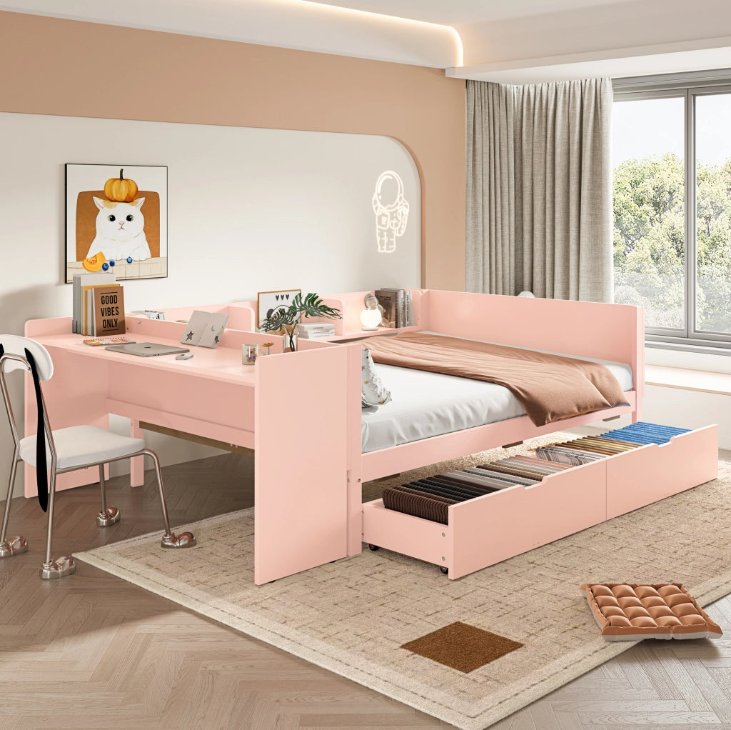 Letto matrimoniale con scrivania, cassetti e ripiani, 140x200 cm, rosa