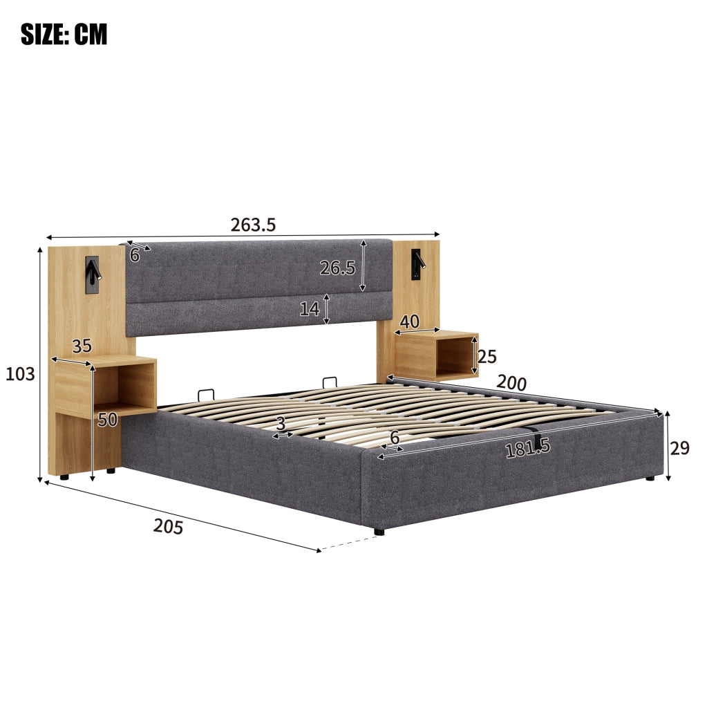 Letto imbottito contenitore 180x200 cm in velluto grigio e naturale con 2 comodini; USB e luce