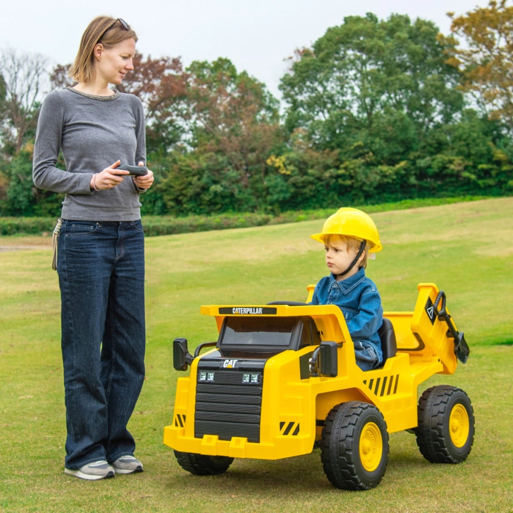 Caterpillar cavalcabile per bambini dump truck, Veicolo da costruzione elettrico da 12v con cassone basculante Giallo