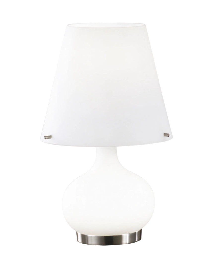 Lampada da tavolo Ade in metallo e vetro soffiato bianco, design elegante con doppia accensione, attacco G9 e E14, 230V, codice 2533-34-102