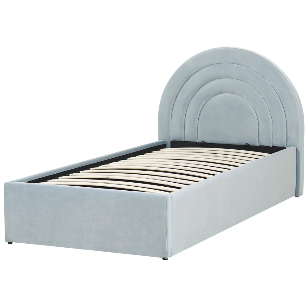 Letto con Contenitore in Velluto azzurro, Misura Singola 90 x 200 cm Design Minimalista Retro con Testiera a Mezza Luna con contenitore