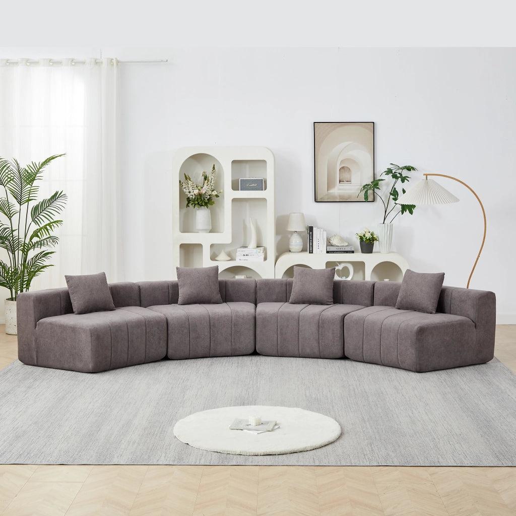 DIVANO Modulare Curvo in Chenille Grigio con 2 cuscini