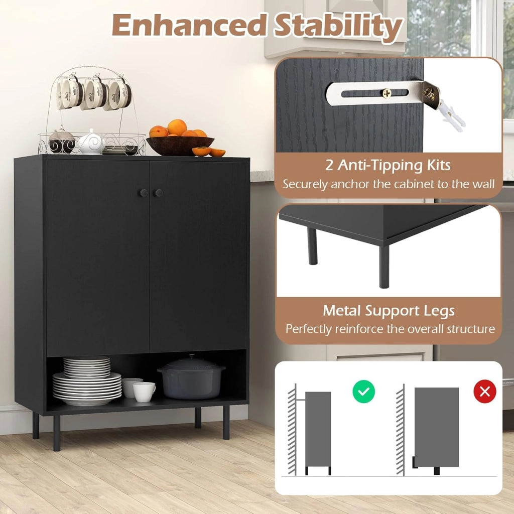Armadio da cucina con 2 ante e 1 ripiano aperto, credenza con ripiani regolabili, credenza buffet 75 x 35 x 95 cm, armadio per soggiorno, sala da pranzo (Nero)