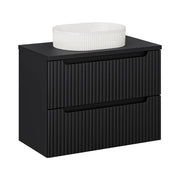 Insieme VANO 80cm: mobile sottolavabo con cassetti + piano per lavabo nero opaco + lavabo da appoggio bianco scanalato