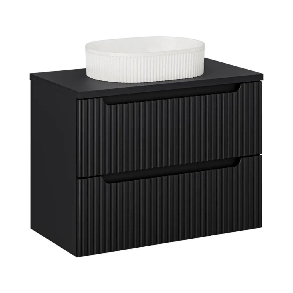 Insieme VANO 80cm: mobile sottolavabo con cassetti + piano per lavabo nero opaco + lavabo da appoggio bianco scanalato