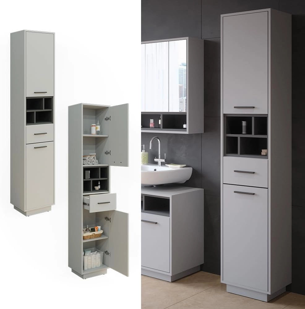 Armadio per il bagno Beatrice, Grigio/antracite, 38 x 190 cm Con ante, cassetti e scomparti, per la conservazione di articoli da bagno e compatibile con Beatrice