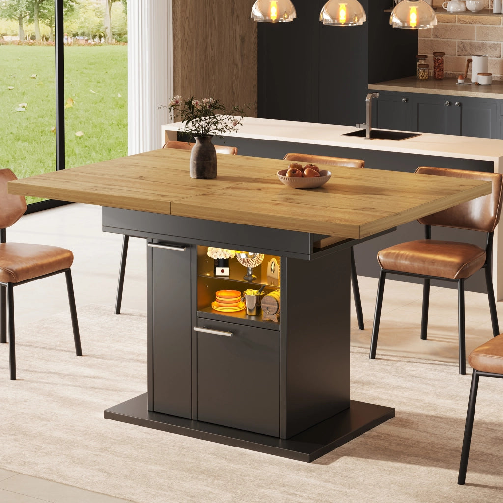 Tavolo da pranzo allungabile con vano contenitore e LED, ripiani in vetro, per 4-6 persone, in MDF nero 140 × 80 × 77,2 cm