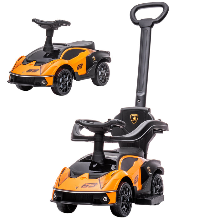 Auto Macchina Cavalcabile per Bambini Licenza Lamborghini Design 2 in 1 con Manubrio Passeggino Arancione e Nero