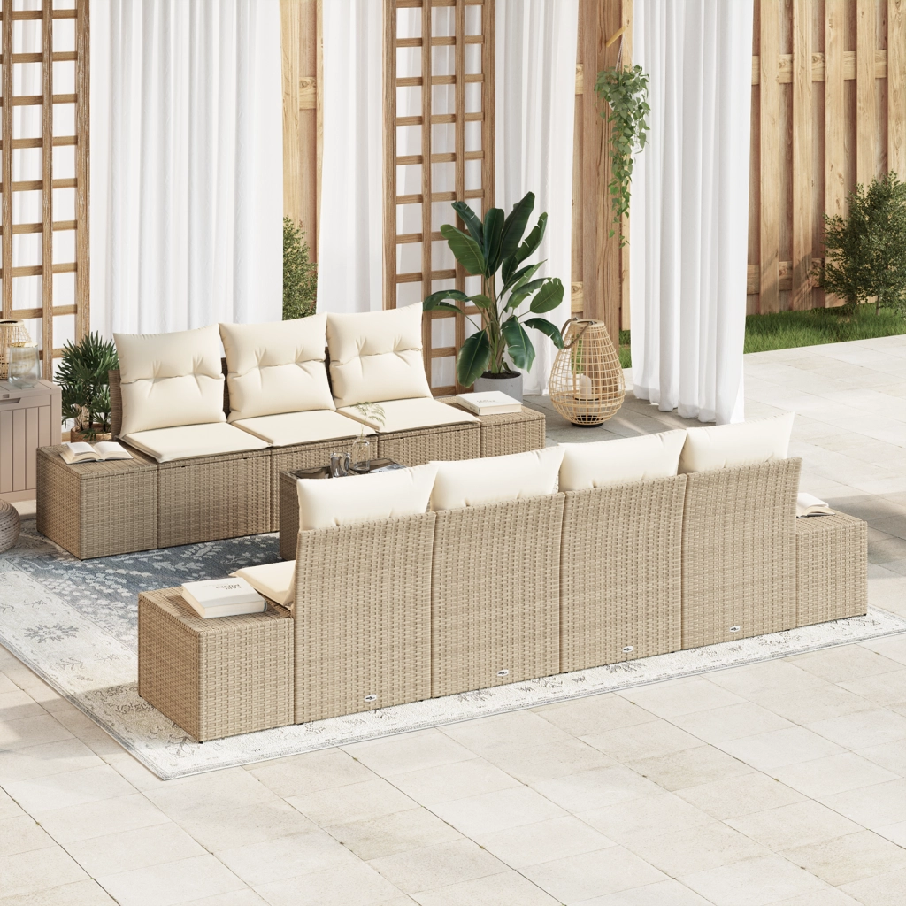Set Divano da Giardino 8 Pezzi con Cuscini Beige Polyrattan