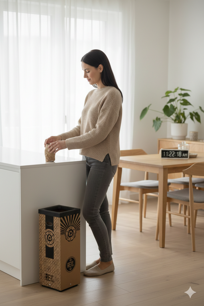 Pattumiera Per Raccolta Rifiuti 28x28xh70 cm in Cartone Con Stampa Grafica Rifiuto Misto Beige