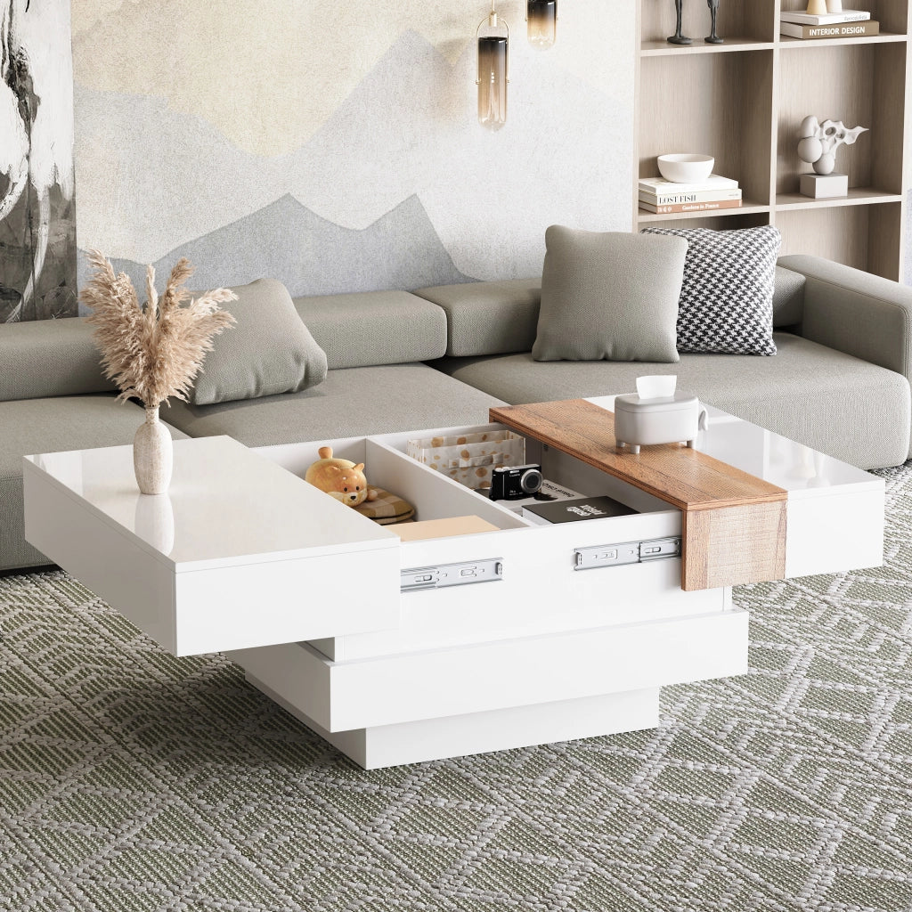 Tavolino Da Salotto Quadrato con Piano Scorrevole; Vano Contenitore Nascosto a 2 Scomparti; Bianco Lucido; in Pannello Truciolare; 70×70×39 cm