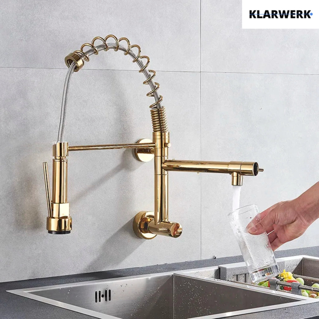 Björn |gastronomia rubinetto monoforo a parete per acqua fredda oro|da cucina professionale in acciaio inox a due getti|doppio per lavello ristorante