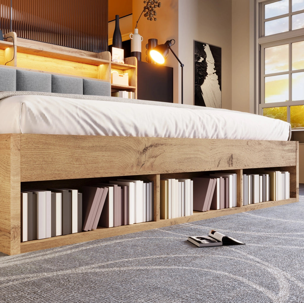 Letto matrimoniale 180x200 cm in finitura rovere con LED; prese USB e contenitore