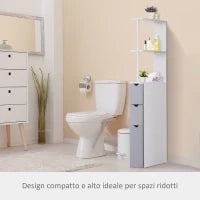 Colonna Bagno, Mobile Bagno Salvaspazio in Legno, Mobiletto con Armadietto, Ripiani e Cassetti, 15x33x136 cm, Grigio Chiaro