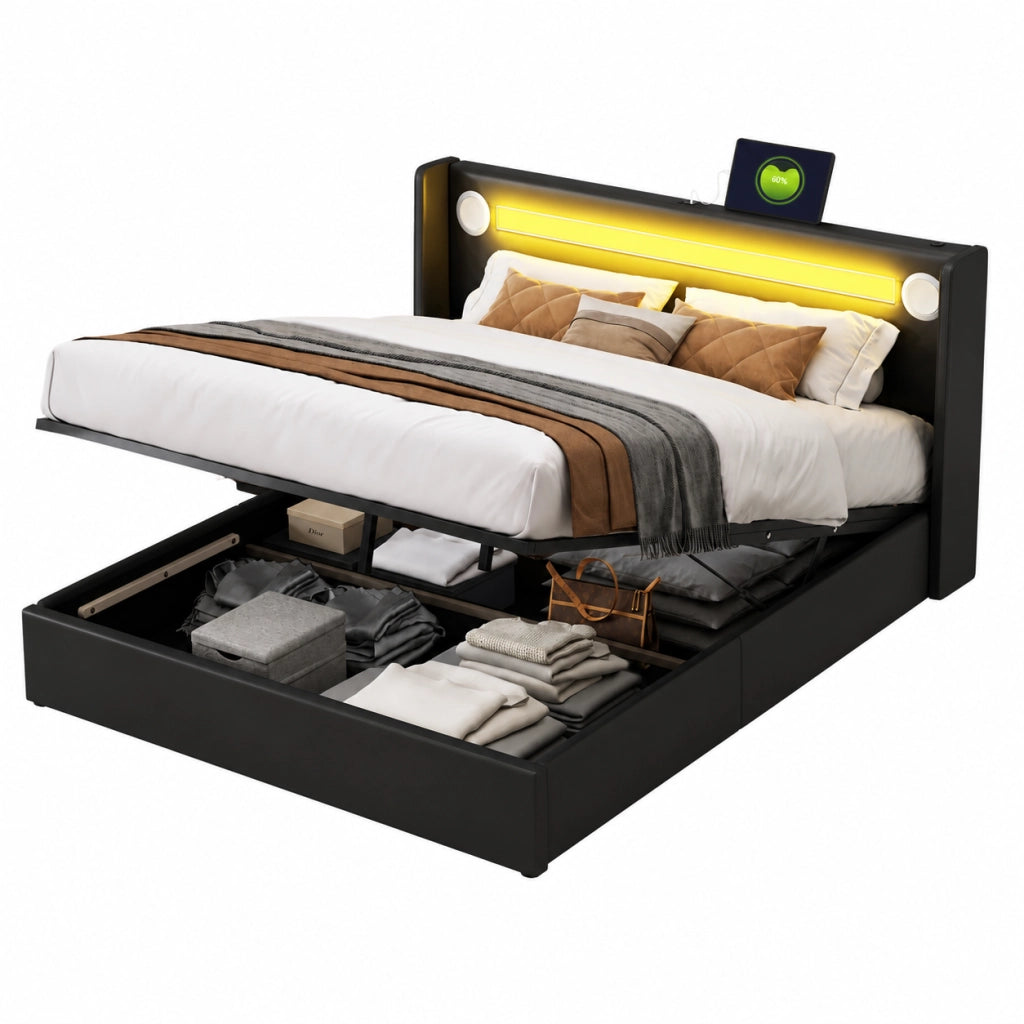 Letti contenitori 160x200 cm con LED; Bluetooth e USB; pelle PU nero (Senza materasso)