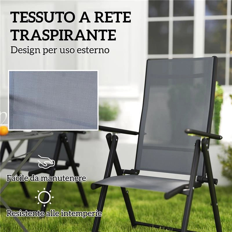 SET 4 SEDIE DA GIARDINO PIEGHEVOLI E TRASPIRANTI CON BRACCIOLI IN ACCIAIO E POLIESTERE 56X69X106 CM GRIGIO