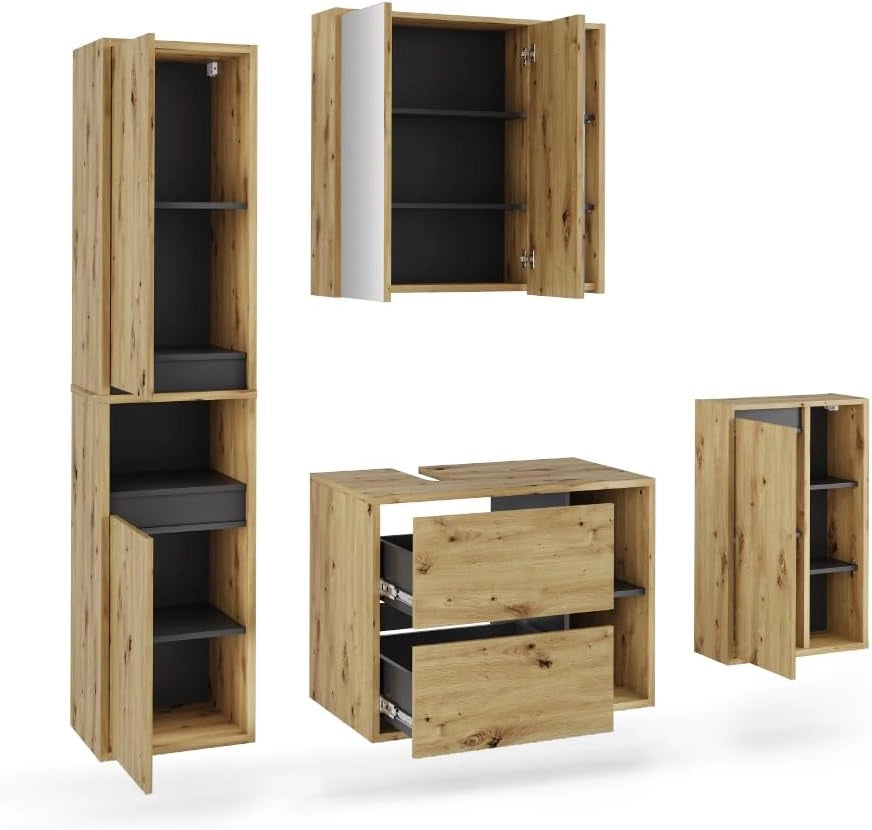 Set di mobili da bagno Viola, Artigiano/grigio, 80 cm, composto da mobile lavabo, pensile a specchio, colonna e base media
