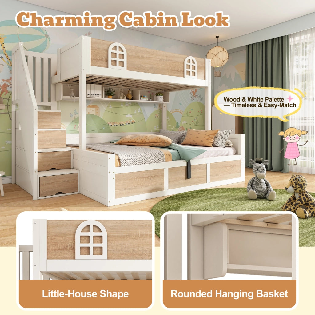 Letto a castello 90×200 cm e 140×200 cm con contenitore idraulico; scala con ripiani; senza materasso; legno; bianco e naturale