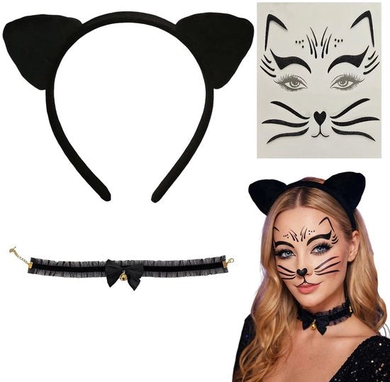 Costume per gatto a tema leopardo - Cappello con orecchie di gatto - Collana con perle - Disegno facciale - Tocco vellutato - Adattabile e confortevole - Costume per carnevale