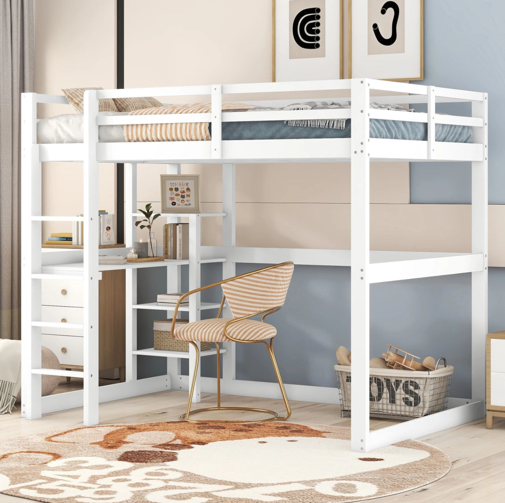 Letto a soppalco 140x200 cm in pino con scrivania e 4 ripiani