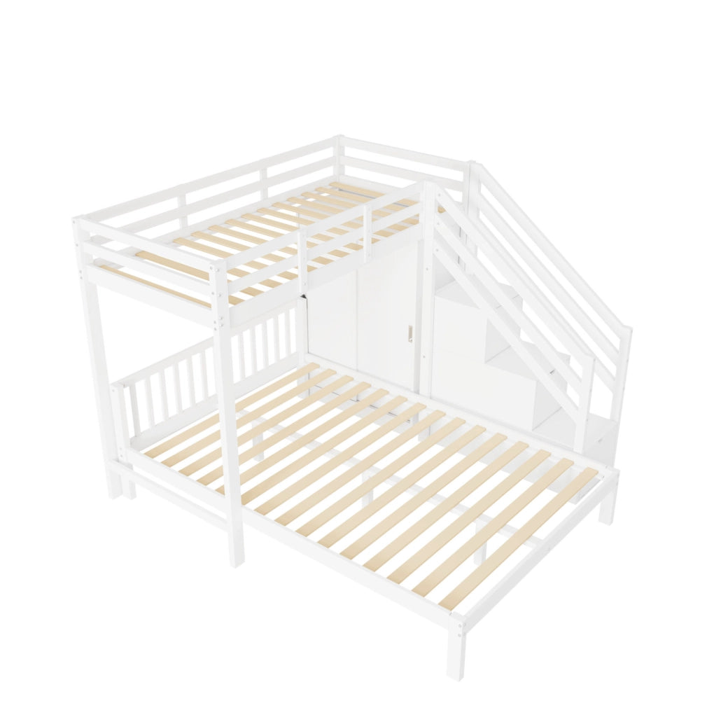 Letto a castello con armadio e scala contenitore; 90x200 cm + 140x200 cm; bianco