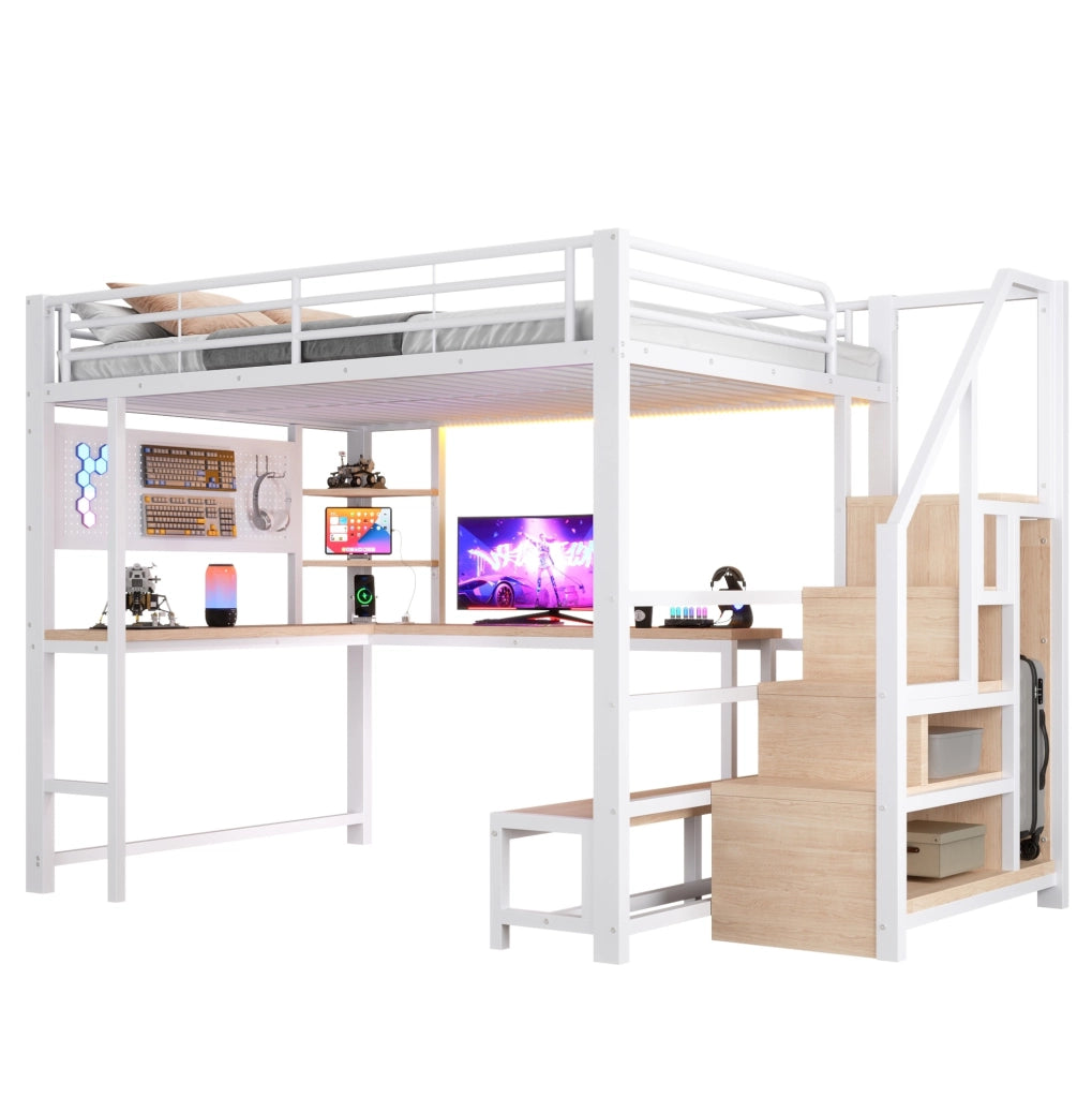 Hochbett 140x200 cm con scrivania; LED; USB e Type-C; parete forata e ripiani; bianco