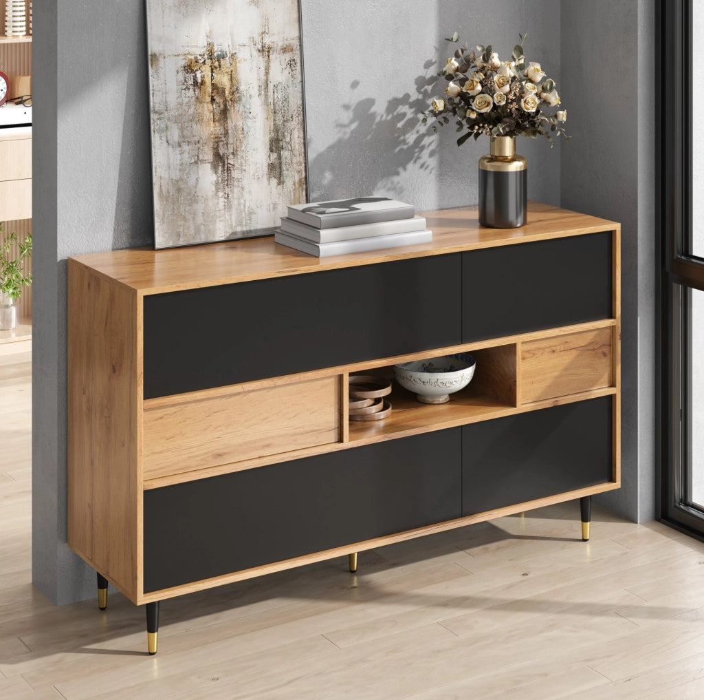 Sideboard bicolore con 2 cassetti; vano aperto e ante a ribalta; MDF e truciolare; nero e naturale