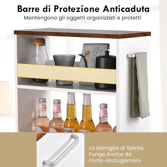 Carrello Portaoggetti da Cucina, Scaffale con Maniglia Laterale e Ruote, Carrello Salvaspazio con 3 Scaffali Stretti, 47,5x20x80,5 cm (Marrone+Bianco 47,5x20x80,5 cm)