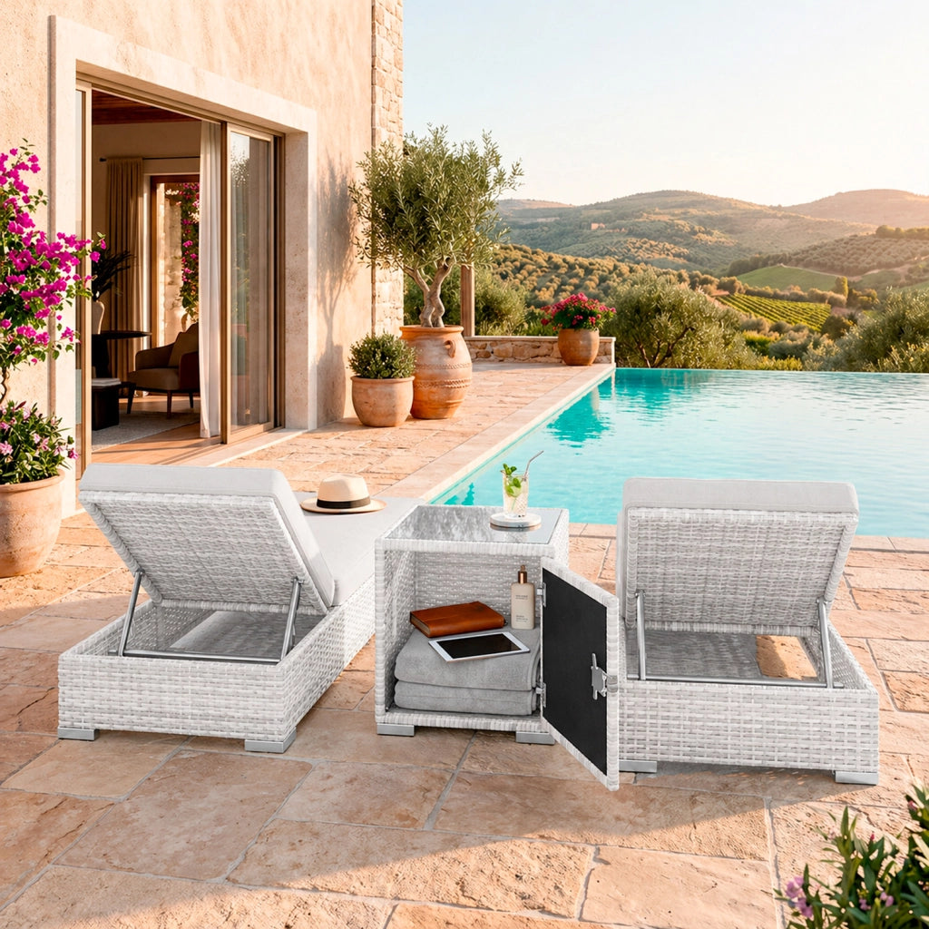 Set 2 Sdraio Prendisole in Polyrattan con Tavolino Contenitore e Cuscini Schienale Reclinabile 5 Posizioni Arredo Giardino Piscina 184x60x21 Cm Grigio Chiaro
