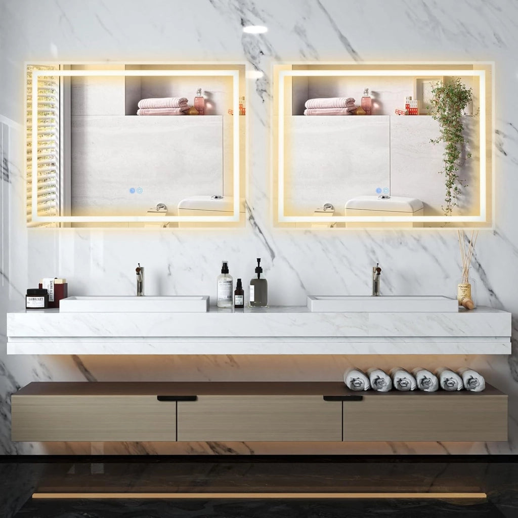 Specchio da Parete 80 x 60cm, Specchio da Bagno Rettangolare con Luce Led a 3 Colori, Interruttore Touch, Funzione Antivapore e Memoria, IP44
